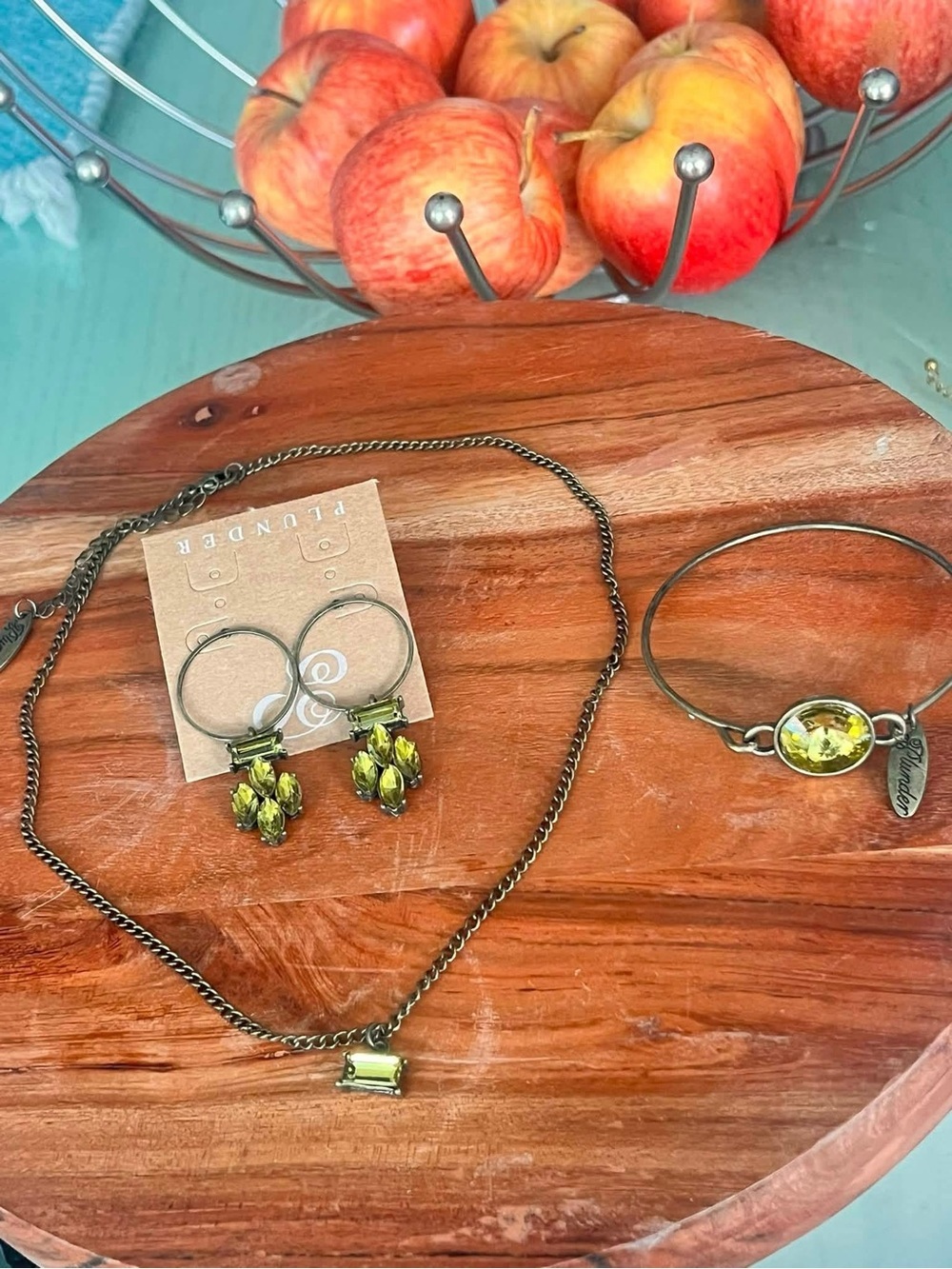 Plunder Design Olive Green Crystal Jewelry Set Necklace, Earrings & Bracelet
